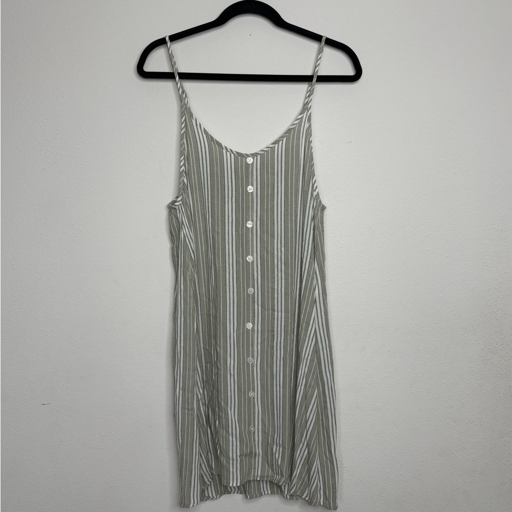 Salty Lemon sage green and white striped button down dress with lace up tie back